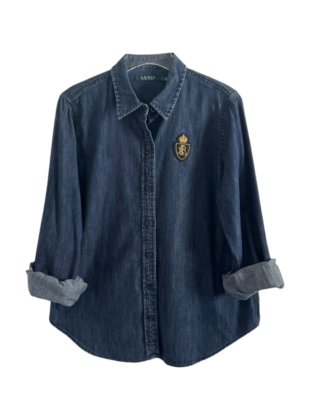 LAUREN RALPH LAUREN DENIM & PLAID CREST INSIGNIA MONOGRAM SHIRT SZ L - Picture 5 of 7